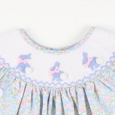 Smocked Blue Silhouette Bunnies Girl Bubble - Floral