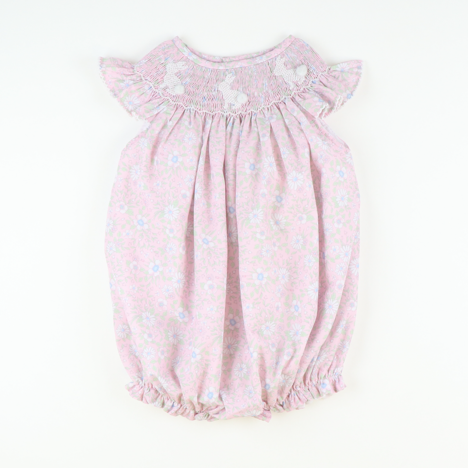 Smocked White Silhouette Bunnies Girl Bubble - Pink Floral