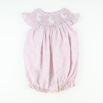 Smocked White Silhouette Bunnies Girl Bubble - Pink Floral