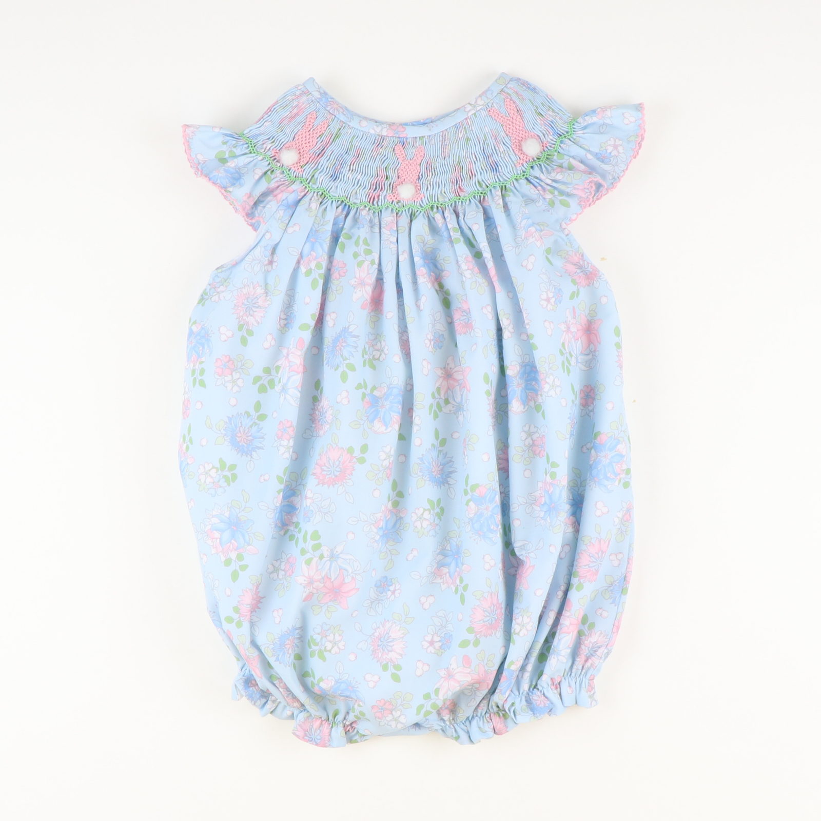 Smocked Cottontail Bunnies Girl Bubble - Blue Floral