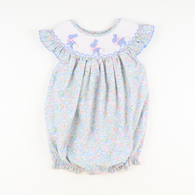 Smocked Blue Silhouette Bunnies Girl Bubble - Floral