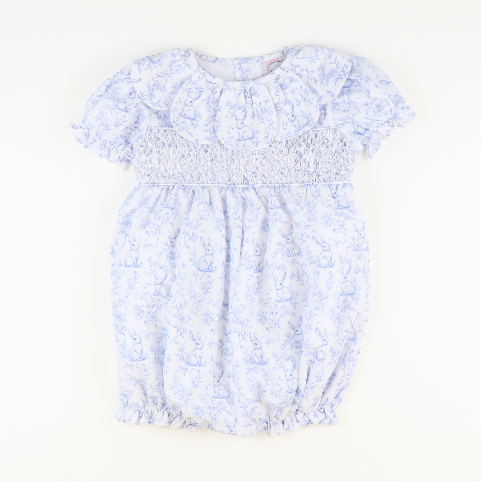 Petal Collar Smocked Girl Bubble - Blue Bunny Toile