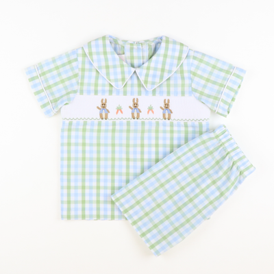 Smocked Classic Storybook Rabbit Collared Short Set - Blue & Green Plaid - Stellybelly