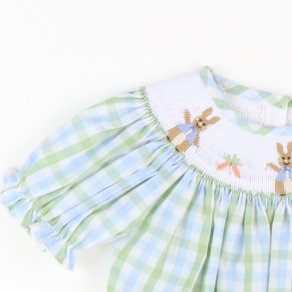 Smocked Classic Storybook Rabbits Bishop - Blue & Green Plaid - Stellybelly