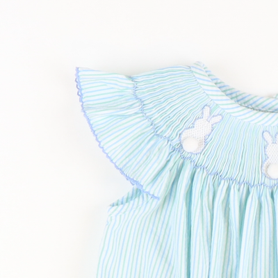 Smocked Cottontail Bunnies Girl Bubble - Mint & Light Blue Stripe Seersucker - Stellybelly