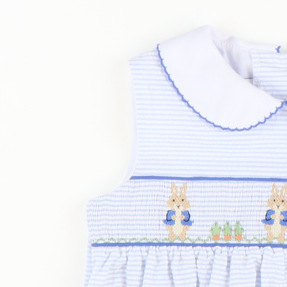 Smocked Storybook Rabbits Collared Dress - Light Blue Stripe Seersucker - Stellybelly