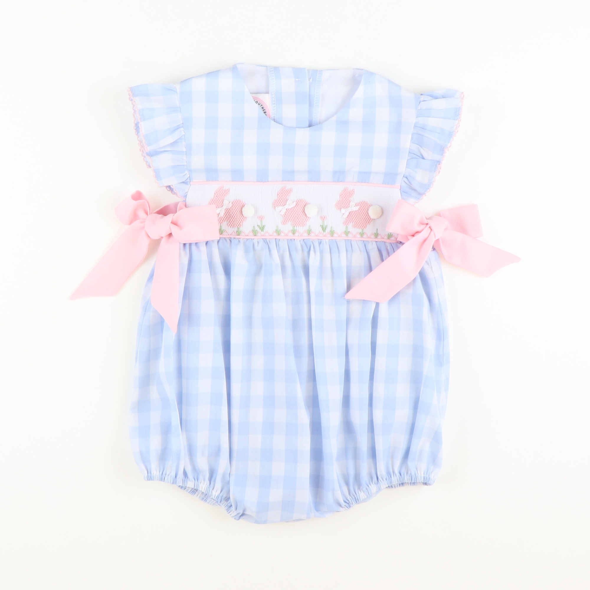 Smocked Silhouette Bunnies Girl Bubble - Light Blue Wide Check - Stellybelly