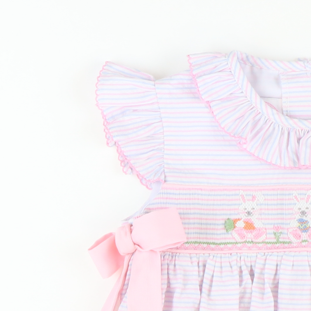 Smocked Easter Bunnies Girl Bubble Blue Pink Stripe Seersucker