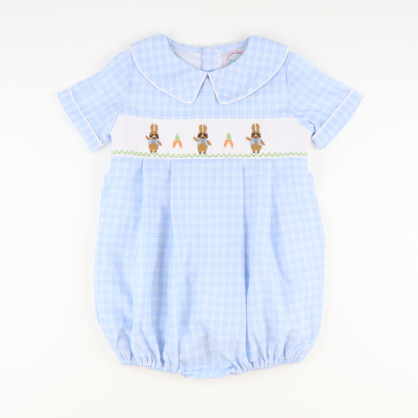 Smocked Storybook Rabbits Boy Collared Bubble - Light Blue Plaid