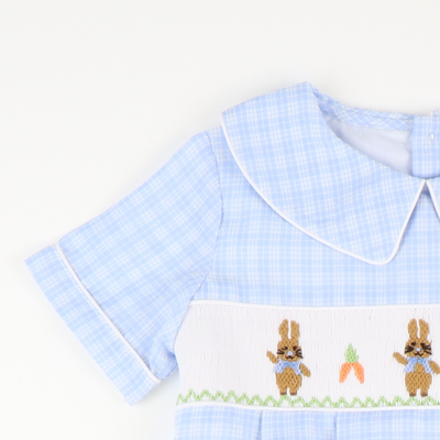 Smocked Storybook Rabbits Boy Collared Bubble - Light Blue Plaid
