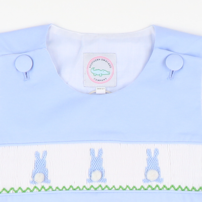 Smocked  Cottontail Bunnies Shortall - Light Blue