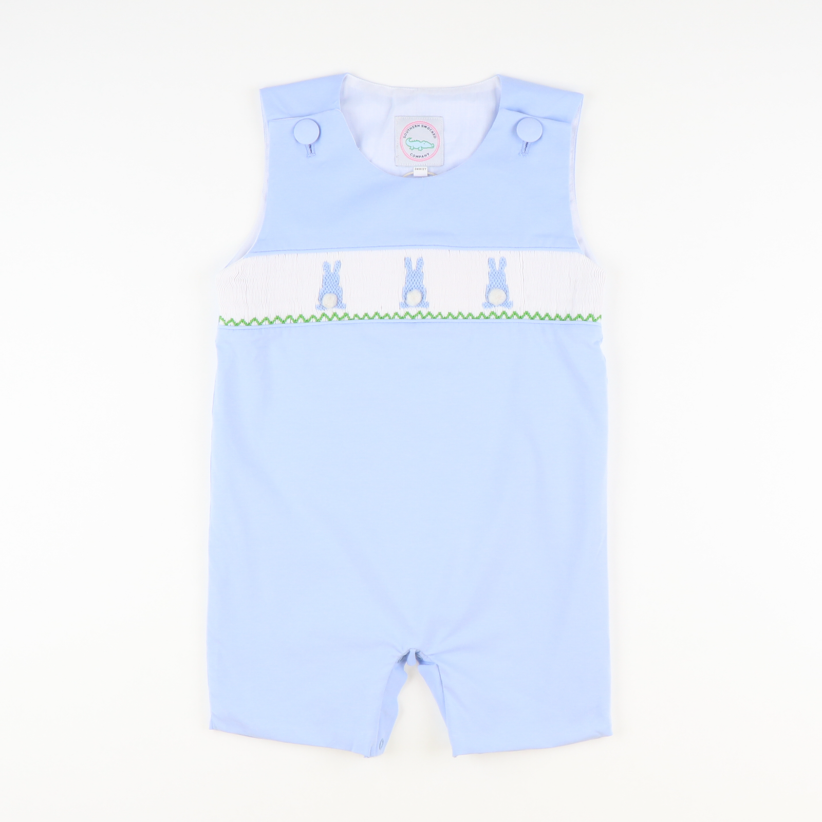 Smocked  Cottontail Bunnies Shortall - Light Blue
