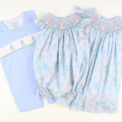 Smocked Cottontail Bunnies Girl Bubble - Blue Floral