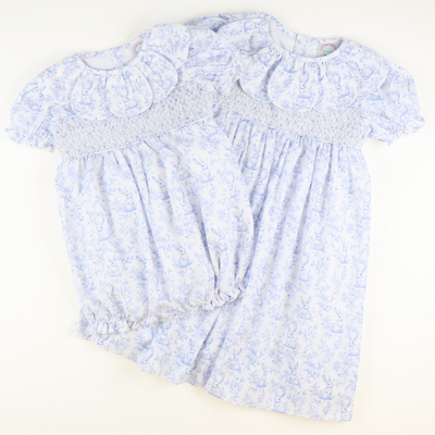 Petal Collar Smocked Girl Bubble - Blue Bunny Toile