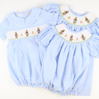 Smocked Storybook Rabbits Bishop - Light Blue Plaid