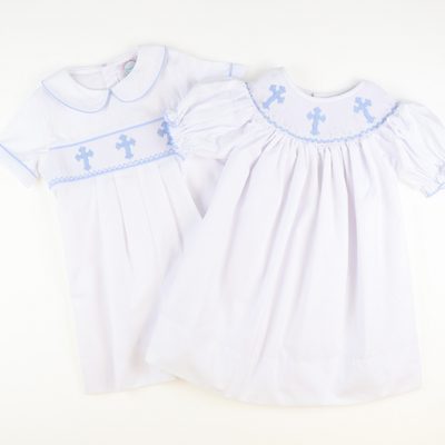Smocked Cross Boy Collared Romper - White