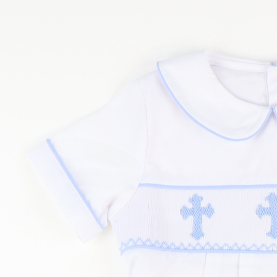 Smocked Cross Boy Collared Romper - White