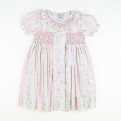 Smocked Ruffle Neck Dress- Pink Floral Vines