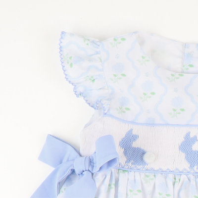 Smocked Blue Bunnies Dress- Hydrangea Blooms