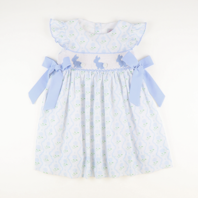 Smocked Blue Bunnies Dress- Hydrangea Blooms