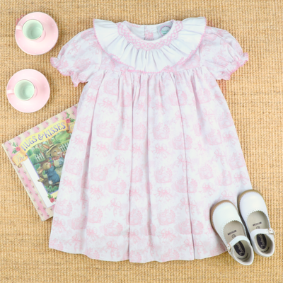 Smocked Ruffle Neck Dress- Pink Bunny Toile