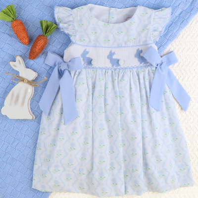 Smocked Blue Bunnies Dress- Hydrangea Blooms