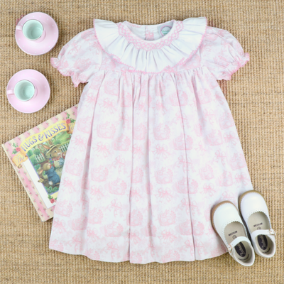 Smocked Ruffle Neck Dress- Pink Bunny Toile