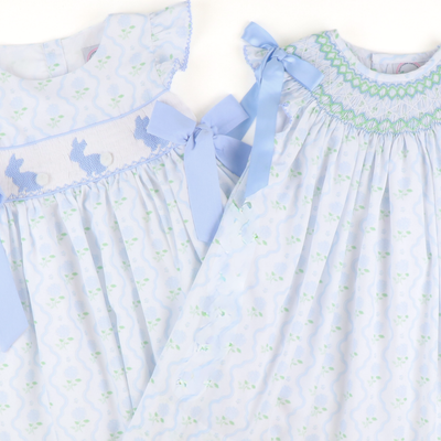 Smocked Blue Bunnies Dress- Hydrangea Blooms
