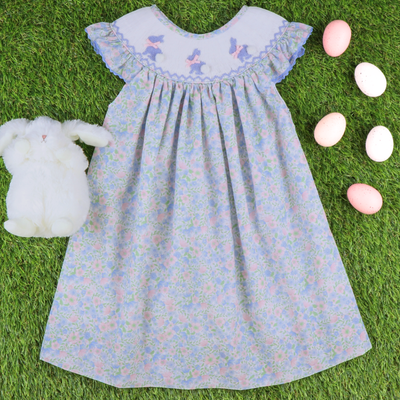 Smocked Blue Silhouette Bunnies Bishop- Floral