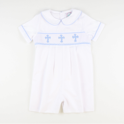 Smocked Cross Boy Collared Romper - White