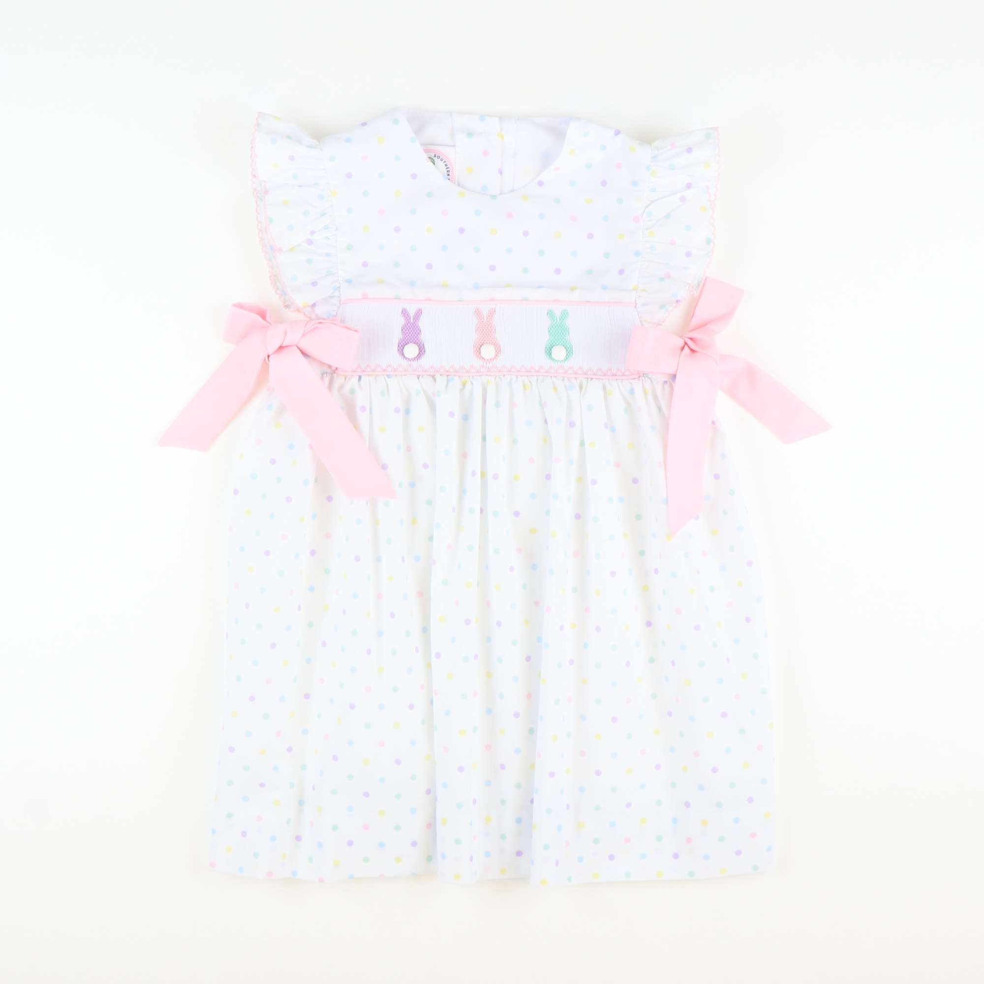 Smocked Cottontail Bunnies Dress - Pastel Polka Dot - Stellybelly
