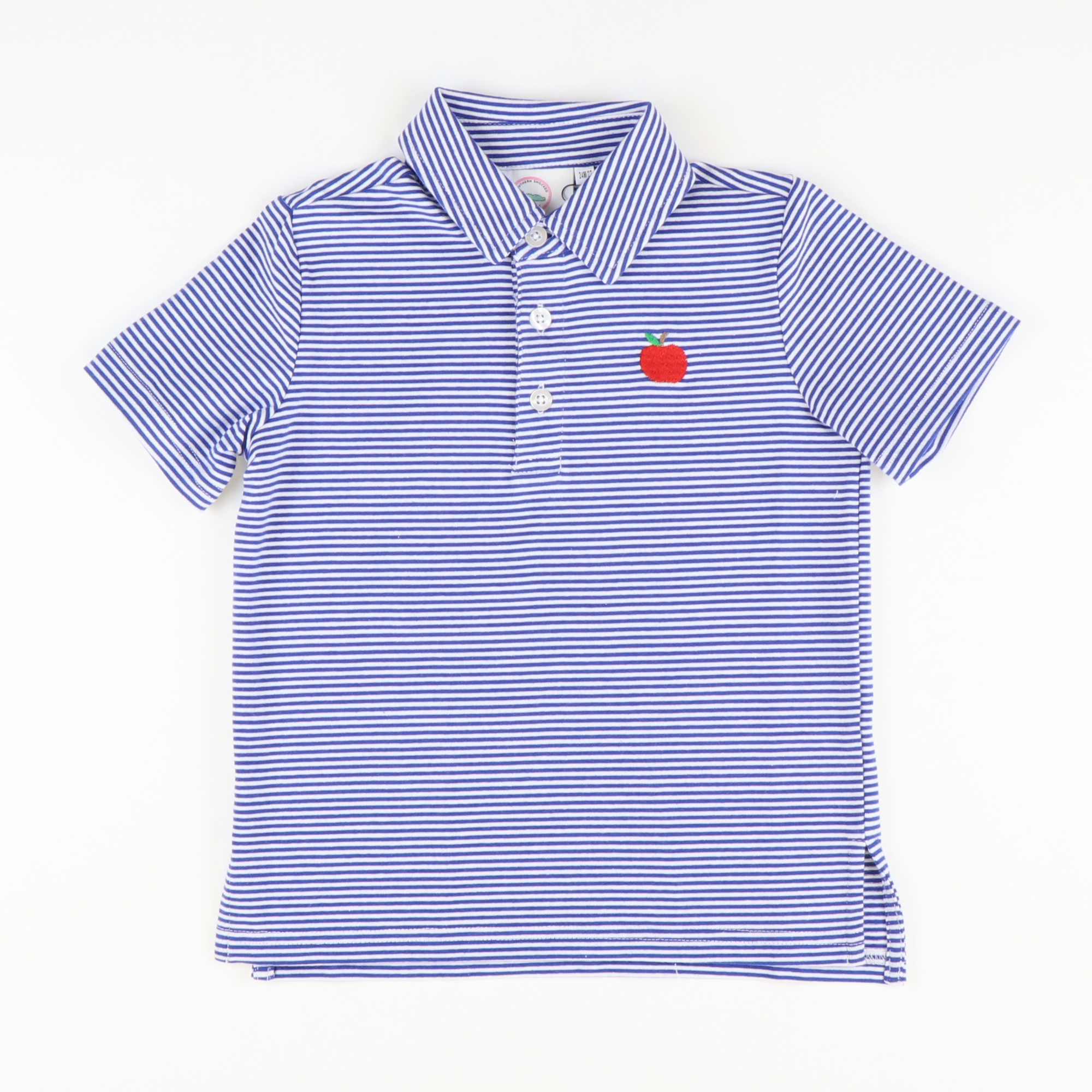 Embroidered Apple Knit Polo - Royal Blue Thin Stripe - Stellybelly