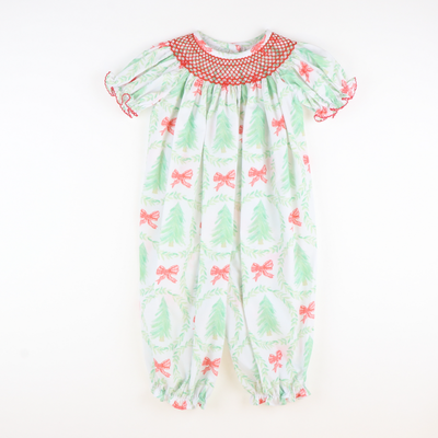 Smocked Heirloom Christmas Trees Geo Girl Long Bubble - Stellybelly