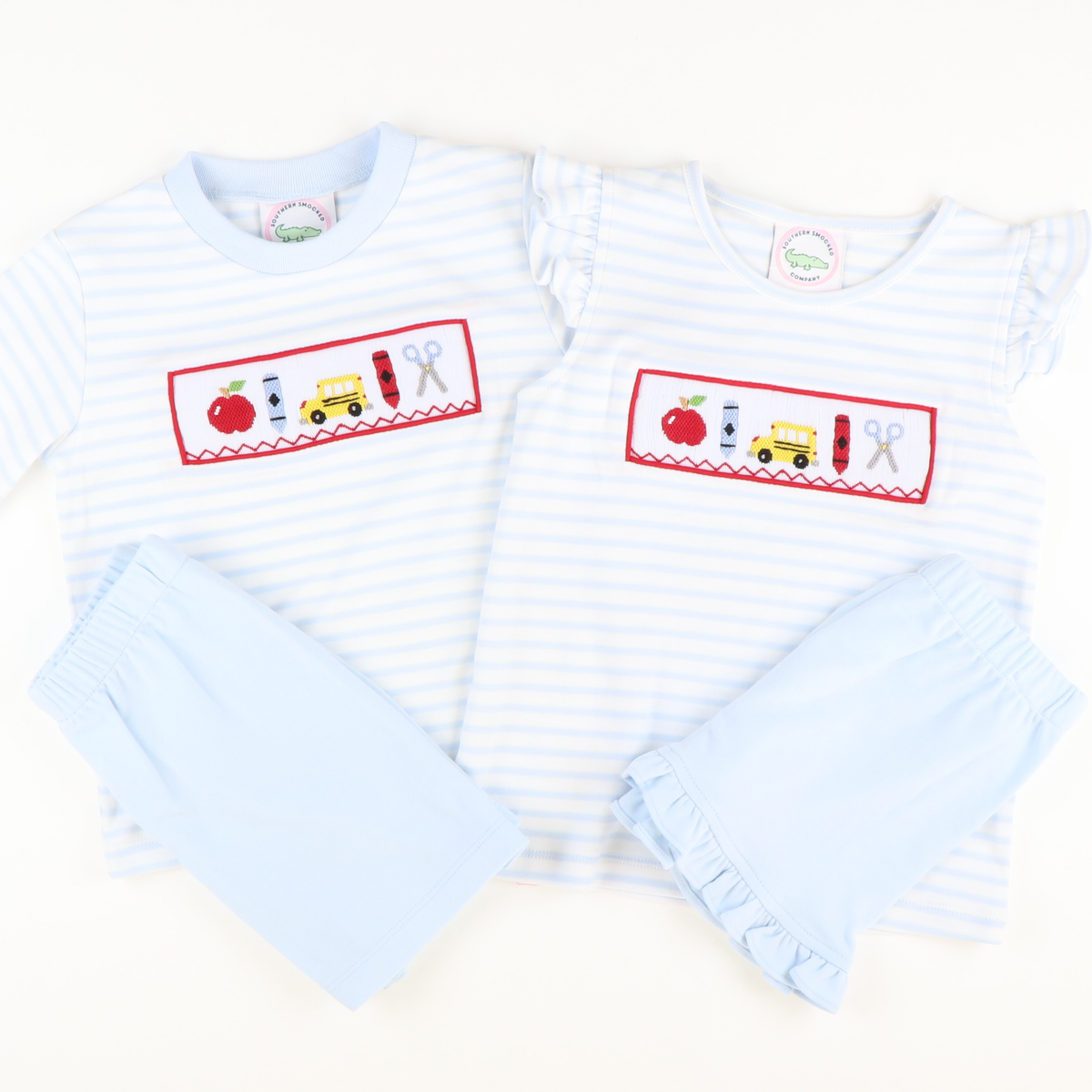 Smocked Back To School  Knit Top & Ruffle Shorts Set - Light Blue Micro Stripe & Light Blue Knit - Stellybelly