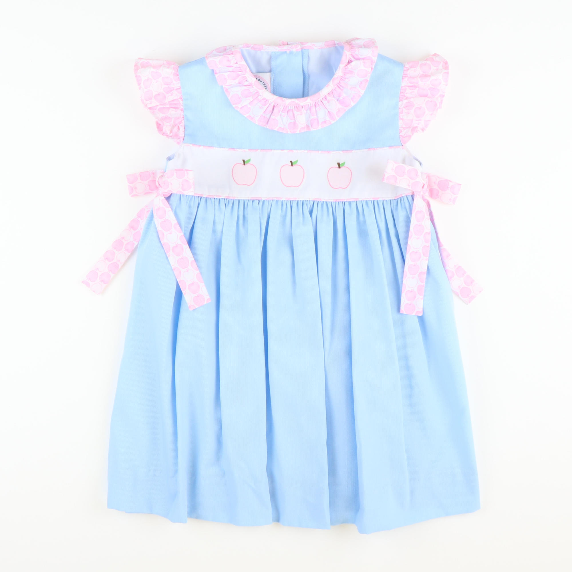 Embroidered Candy Apples Ruffle Dress - Light Blue Pique - Stellybelly