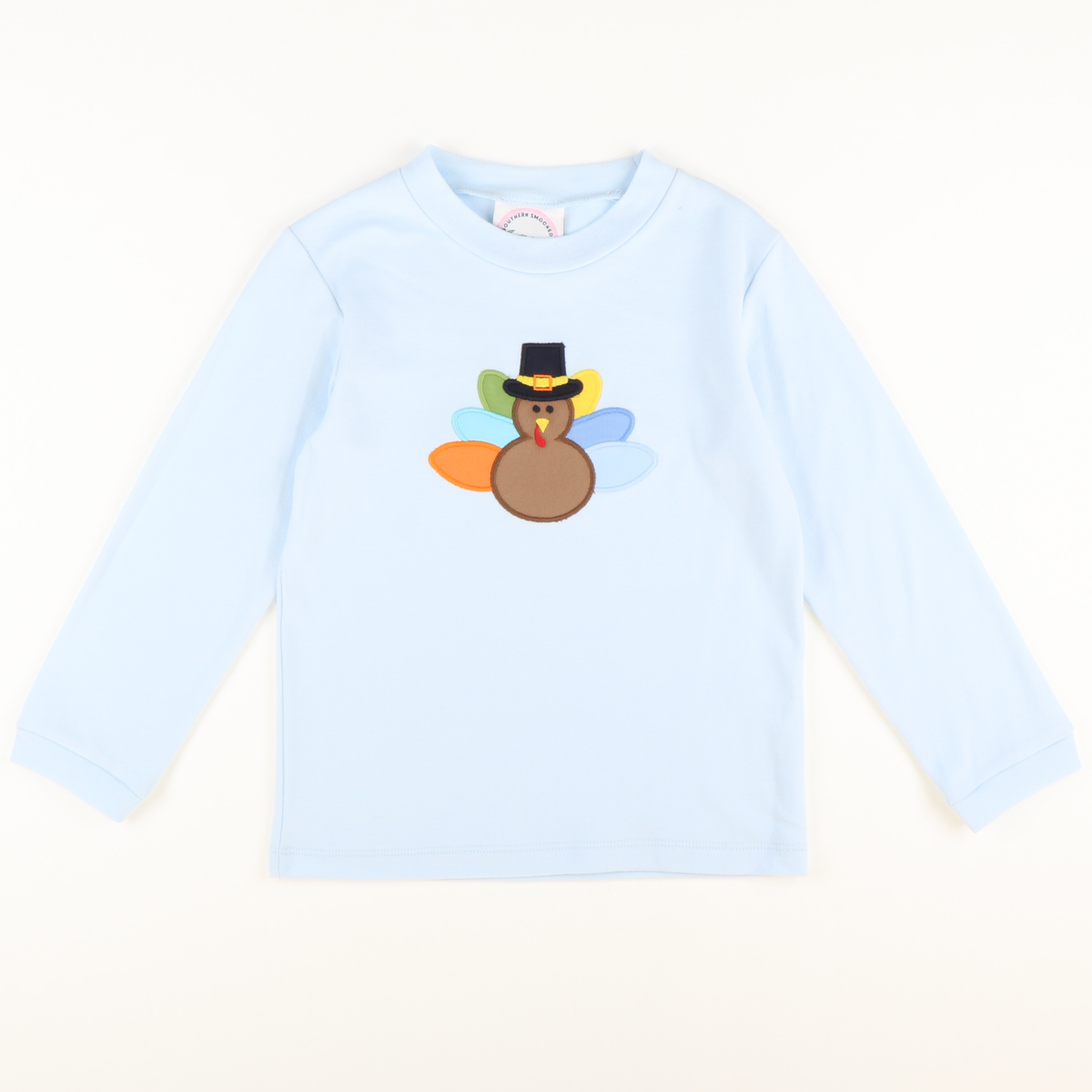Appliquéd Turkey Long Sleeve Shirt - Light Blue Knit - Stellybelly