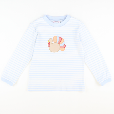 Appliquéd Turkey Long Sleeve Shirt - Light Blue Stripe Knit - Stellybelly
