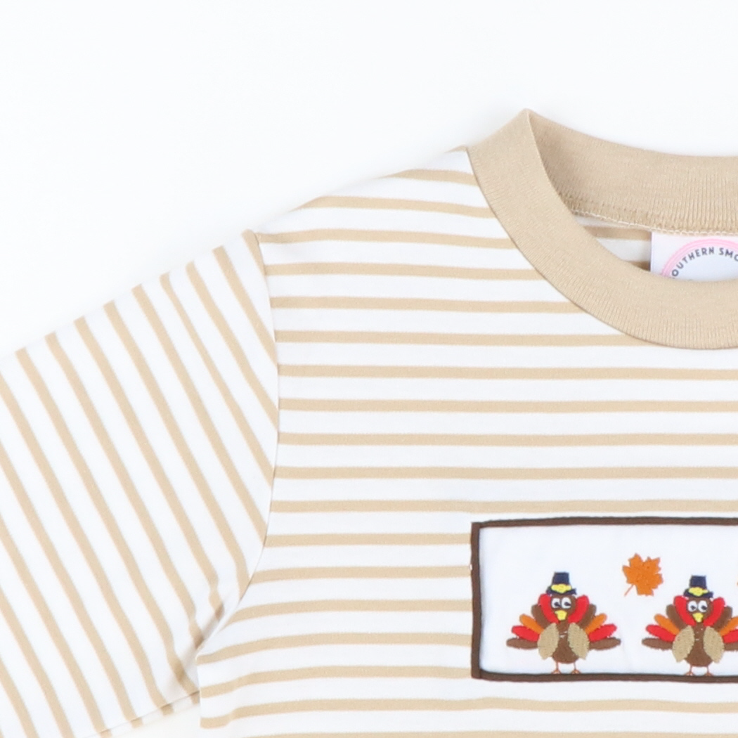 Embroidered Turkeys Long Sleeve Shirt - Tan Stripe Knit - Stellybelly