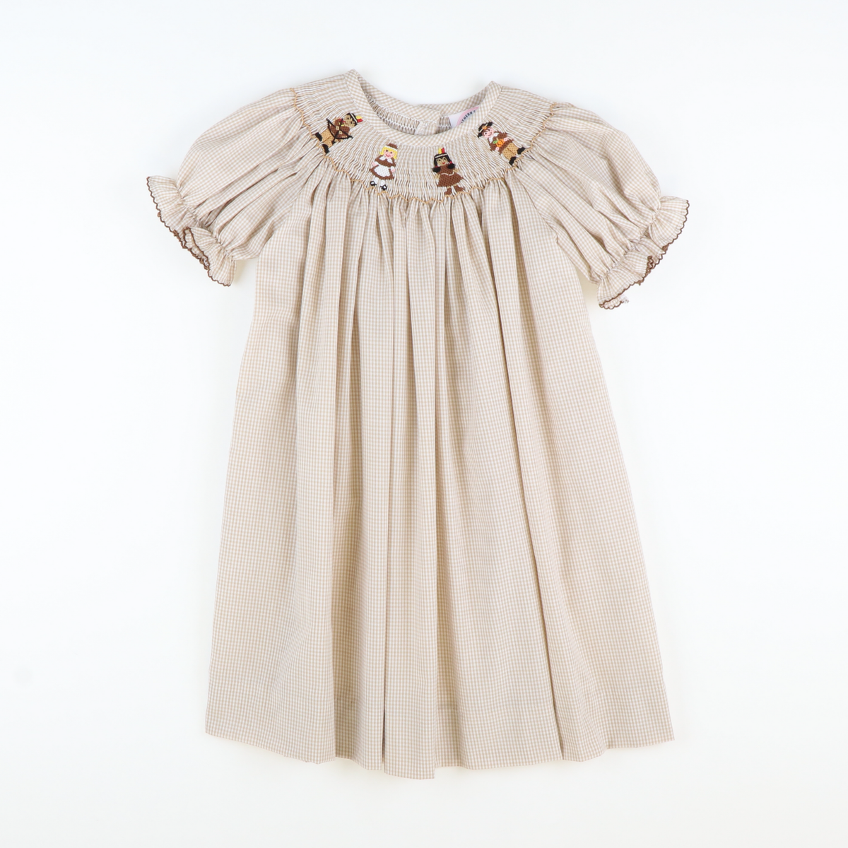 Smocked Thanksgiving Pals Bishop - Khaki Mini Gingham - Stellybelly