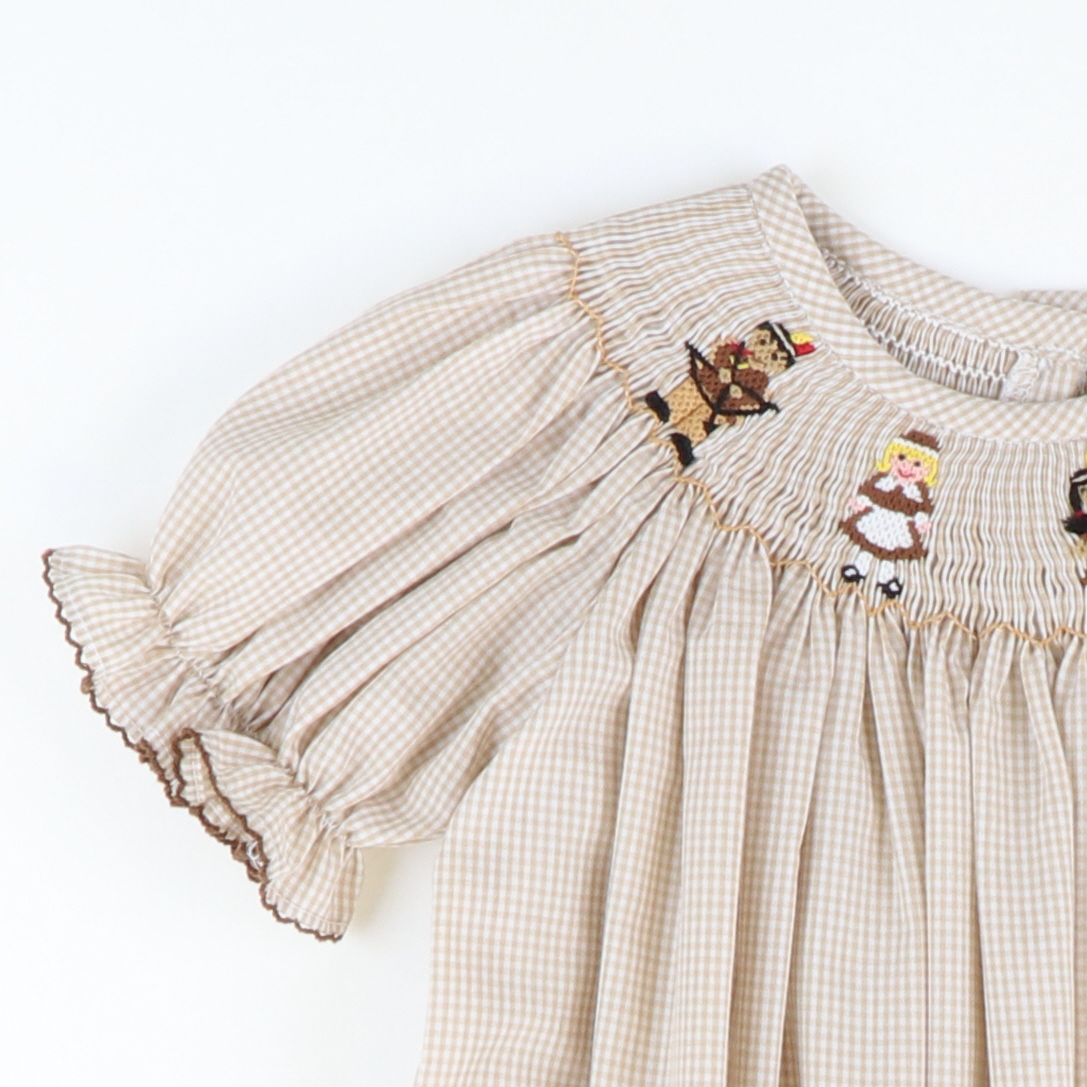 Smocked Thanksgiving Pals Bishop - Khaki Mini Gingham - Stellybelly