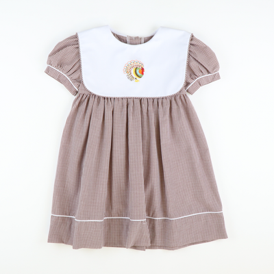 Embroidered Turkey Dress - Brown Mini Gingham - Stellybelly