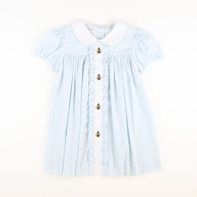 Embroidered Turkeys Collared Dress - Light Blue Flannel Gingham - Stellybelly