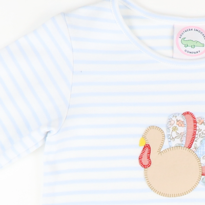 Appliquéd Turkey Ruffle Top - Light Blue Stripe Knit - Stellybelly