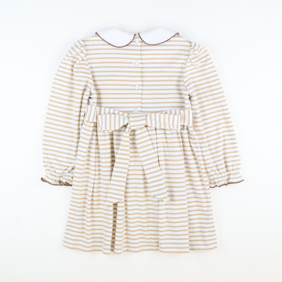 Embroidered Turkeys Collared Dress - Tan Stripe Knit - Stellybelly