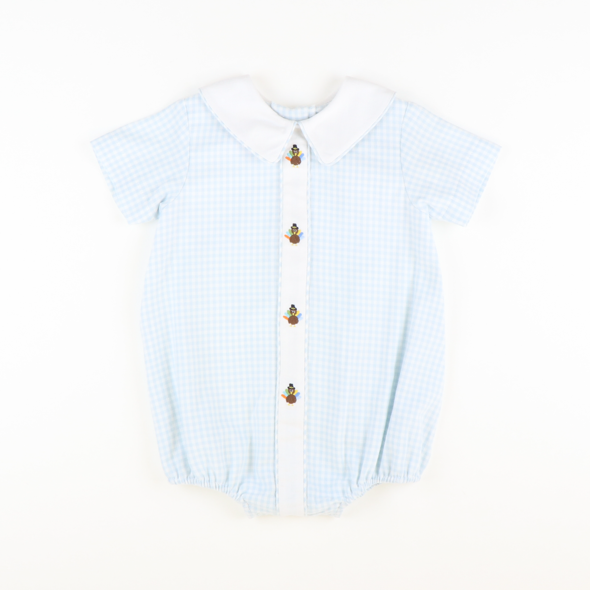 Embroidered Turkeys Collared Boy Bubble - Light Blue Flannel Gingham - Stellybelly