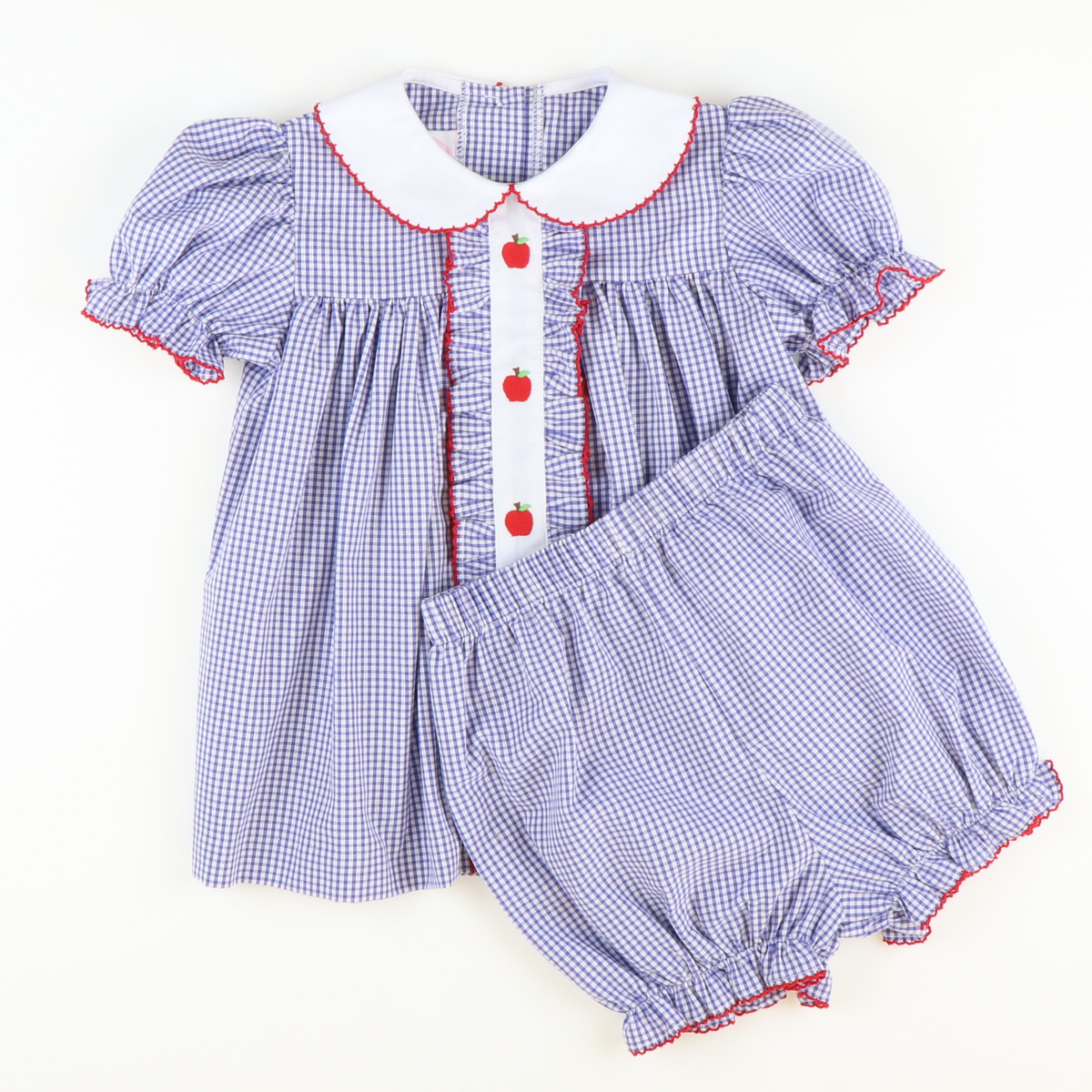 Embroidered Apples Top & Bloomer Set - Royal Blue Sandra Gingham Plaid - Stellybelly