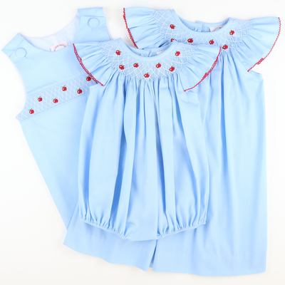 Smocked Tiny Apples Girl Bubble - Blue Pique - Stellybelly
