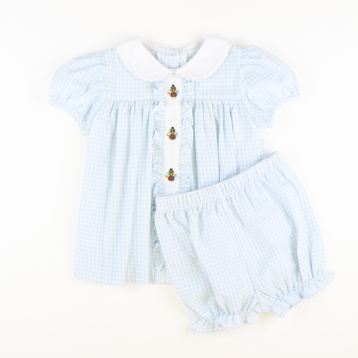 Embroidered Turkeys Collared Top & Bloomer Set - Light Blue Flannel Gingham - Stellybelly