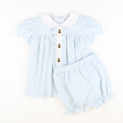 Embroidered Turkeys Collared Top & Bloomer Set - Light Blue Flannel Gingham - Stellybelly