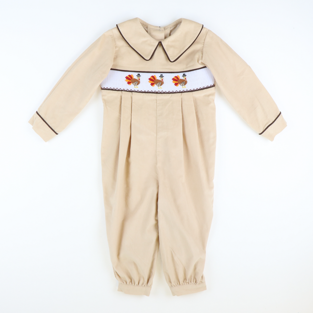 Smocked Thanksgiving Turkeys Collared Boy Long Bubble - Tan Corduroy - Stellybelly